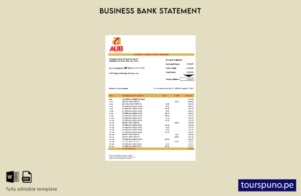 listo para imprimir extracto de empresa de Asia United Bank (AUB) plantilla en f